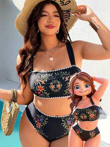 Swim Vcay Plus Size Women 2pcs Random Placement Print High Waist Bikini Swimwear Set - Black - View 1