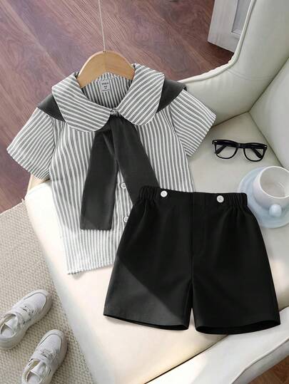 Souflis Souflis 2026 Summer Squishy Soft Fabric, New Fashion SS26 Vacation Travel Essential, Boys 3 PiecesGentleman Outfit With Shirt, Shorts And Shawl, Comfortable And Stylish For Birthday Party, Wedding, Christening