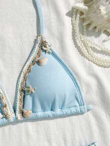 SHEIN Conjunto de bikini de niña preadolescente con decoración de conchas, delicado y elegante, con vibra de vacaciones - Azul - Ver 6