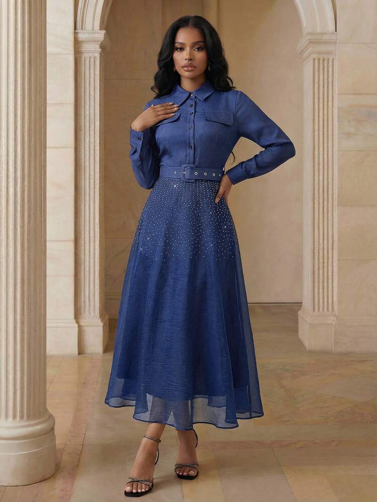 Modern Women's Shirt Splicing Rhinestone Mesh Slit Maxi Dress