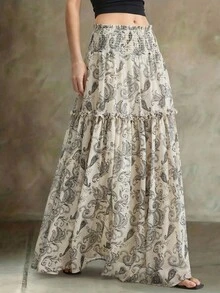 Ontre Chân váy nữ mới mùa Xuân/Hè 2026, chất liệu vải dệt, viền bèo nhún, eo thắt, dáng chữ A, họa tiết hoa điều, thích hợp cho tiệc trà, ngày Quốc khánh, hẹn hò lãng mạn, trang phục công sở, trang phục đi nghỉ mát. - Nhiều màu - Xem 1