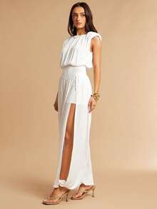 Silquee Bộ jumpsuit nữ màu trơn cổ tròn xếp ly ống rộng phong cách thường ngày - trắng - Xem 5