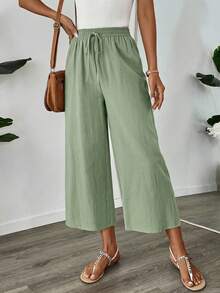 Easowa Quần lửng cotton lanh dáng rộng mùa thu, màu xám xanh, quần đi học/quần công sở cho nữ - Màu xanh lục của thợ săn - Xem 6