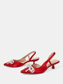 CUCCOO HITCHD Women's High Heel Pumps, Elegant & Luxurious Pointed Toe With Rhinestone, Pearl, Bow Tie & Chain Decor, Red Satin Bridal, Bridesmaid, Wedding Guest Party Shoes - Rose Red - View 3