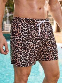 Manfinity VDAYZ 男士豹纹斜插口袋抽绳腰沙滩短裤 - 彩色 - 查看 3