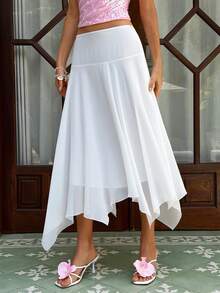 MainGRL 女士白色不对称下摆飘逸雪纺半身裙，适合春夏度假穿着 - 白色 - 查看 3
