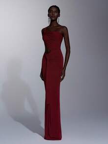 Elitara Elegant Luxury Cream Satin One-Shoulder Eyelash Collar Ruched Waist Splice Fishtail Hem Dress, Suitable For Festivals, Weddings, Galas, Concerts, Business Events, Influencer Activities (Adult) - Red - View 5