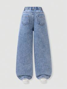 少女风卡通图案星星字母印花浅蓝色水洗柔软牛仔宽松阔腿休闲裤 - 淺色水洗藍 - 查看 2