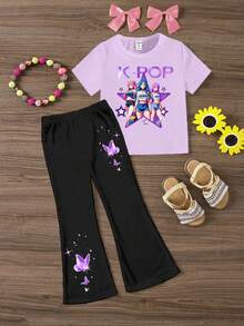 Girls' Summer School Casual Fashion Virtual Girl Group Character Gradient Butterfly Graphic Print Short T-Shirt And Flared Pants Set,Comfortable Wear - Multicolor - View 4