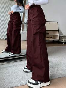 SHEIN EZwear 女士休闲纯色高腰阔腿裤 - 酒紅色 - 查看 3