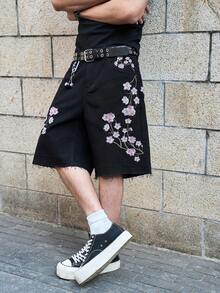 Manfinity EMRG Men's Floral Embroidery Pattern Casual Versatile Daily Wear Wide Leg Denim Shorts - Black - View 4