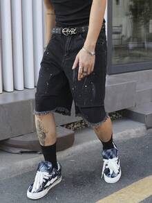 Manfinity EMRG Men's Summer Black Fringe Hem Distressed Loose Denim Shorts - Black - View 4