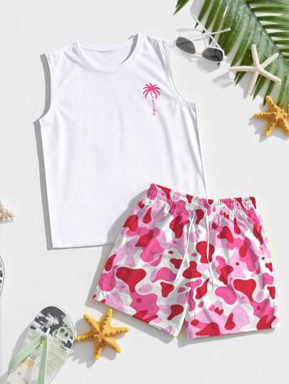 Manfinity RSRT Men's Summer Vacation Holiday White Pink Palm Tree Graphic Print Tank Top And Camo Camouflage Shorts Two Piece Set Beach Casual Tropical Hawaii Resort Sleeveless Vest Muscle Tee Drawstring Board Shorts Matching Outfit Party Festival Loose Fit Breathable,Men's Coconut Tree Print Tank Top And Camouflage Shorts Set