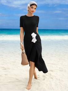 Swim Shayni Middle Eastern Style Modest Swimsuit Set - Full Coverage Black Swimwear With Elegant White Floral Decor - Black - View 5