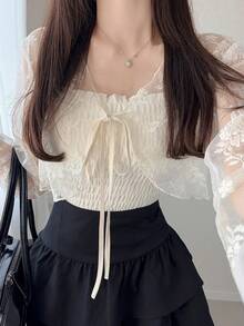FRIFUL Women's Front Tie Long Sleeve Lace Blouse - White - View 6