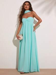 SHEIN BAE Đầm nữ màu xanh lá cây trơn không dây vai, thắt cổ, thích hợp cho kỳ nghỉ biển, khu nghỉ dưỡng biển, kỳ nghỉ thường ngày, tụ họp bạn bè, chuyến đi cuối tuần, đầm đi biển, đầm đi nghỉ mát, đầm xanh lam pha xanh lá cây, phong cách Y2K, đầm dự lễ hội âm nhạc, đầm thanh lịch. - màu xanh lá - Xem 3