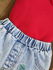 2件套女婴夏季红色甜美樱桃装饰吊带上衣和牛仔短裤套装，修身舒适款式，适合日常外出、休闲聚会、家庭派对和女婴节。樱桃印花短裤套装，女童樱桃主题服装，可爱夏季服装，女童夏季服装，女童套装，夏季女童樱桃主题服装，女童套装，女童牛仔短裤，女童夏季套装。 - 紅色 - 查看 7