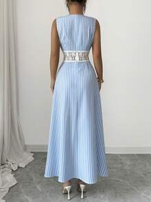 Elenzga Women's Spring/Summer New Hollow-Out Lace Crochet Splice Vertical Striped French Elegant Evening Party Casual Vacation Blue & White Sleeveless Dress - Blue and White - View 2