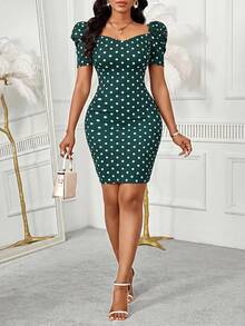 SHEIN Lady 优雅波点印花修身连衣裙，适合夏季通勤 - 綠色 - 查看 6