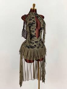 Amplova 女士花卉印花镂空流苏下摆性感吊带连衣裙 - 軍綠色 - 查看 6