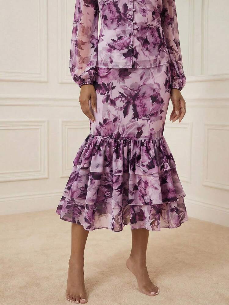 Anewsta Spring & Summer Floral Print Bodycon Layered Ruffle Hem Fishtail Vacation Holiday Sheer Skirt For Women
