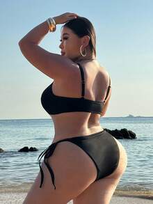 Swim SXY 大码女士夏季沙滩罗纹比基尼套装，可调节肩带吊带上衣和系带泳裤两件式泳装 - 黑色 - 查看 2