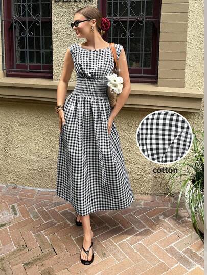 Serisse Women's Gingham Cotton – Sleeveless Smocked Waist A-Line Summer Casual Vintage Dress  Women's Casual Plaid Waist Cinching Boat Neck Dress, Summer,Spring,Valentine's Day,Party,Wedding,Ceremony,Elegant ,Vacation,Casual, Formal, Picnic Dress For Woman Retro Dresses For Woman Gingham Dress