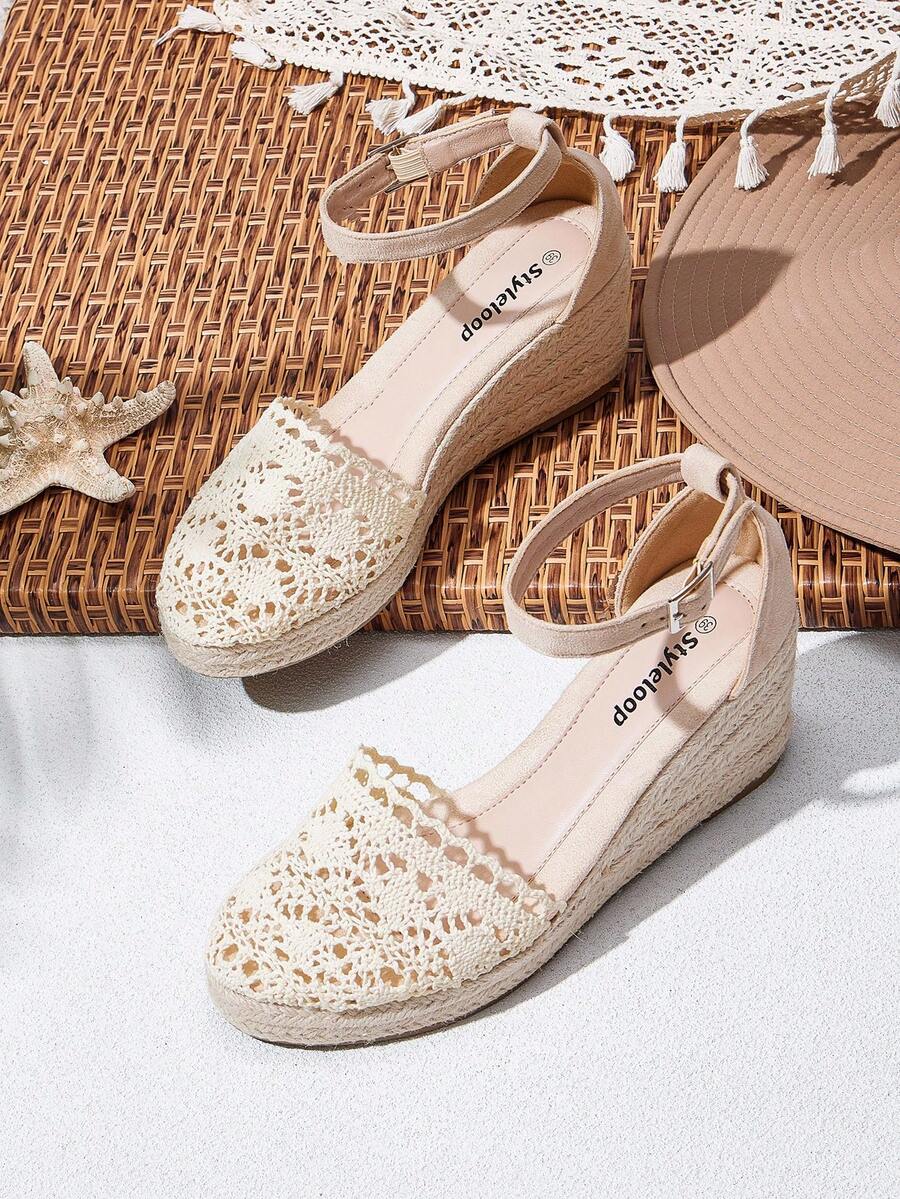 Styleloop Women's Wedge & Platform Sandals, Hollow Floral Pattern, Summer Bohemian Holiday Sandals, Woven Rope Roman Beach Sandals With Criss-Cross Straps, Suitable For Holiday Season, Spring/Summer, Bohemian & Resort Style - Apricot - View 1