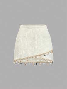 Sweetra 女士米色褶皱吊带流苏吊带背心和不对称下摆半身裙套装，春夏款 - 杏色 - 查看 5