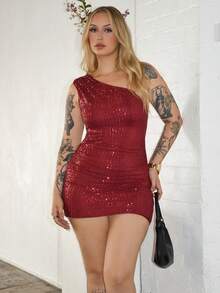 Arliah 时尚迷人性感优雅亮片装饰无袖紧身连衣裙 - 酒紅色 - 查看 4