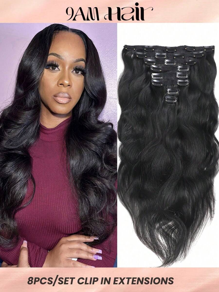 120g Body Wave 8Pcs One Set Clip In Hair Extensions Natural Wave Human Hair Clip Ins Double Weft Straight Extensions - Natural Black - View 1