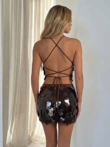 Glamine Nouvelle jupe mini pailletée brillante, sexy et élégante pour femmes, en tricot marron, taille basse, ajustée. Jupe courte moulante chic pour fête, cocktail, club, printemps, été, anniversaire, croisière, vacances à la plage pour femmes - Marron - Voir 2