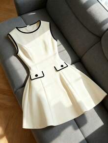 GlowEve Sleeveless Round Neck Waist Cinched A-Line Colorblock Casual Commute Minimalist Elegant Romantic Women Dress - Apricot - View 1