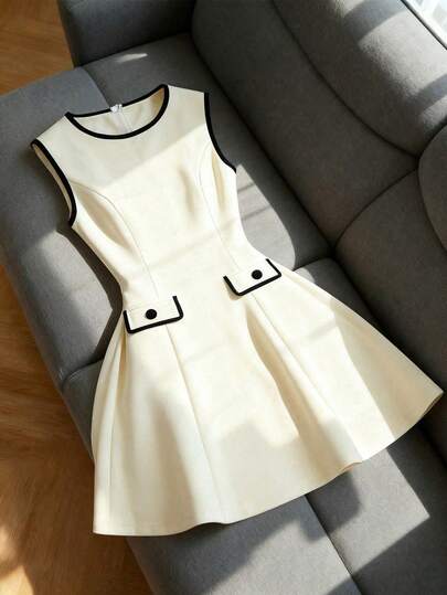 GlowEve Sleeveless Round Neck Waist Cinched A-Line Colorblock Casual Commute Minimalist Elegant Romantic Women Dress