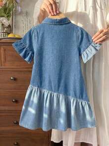 SHEIN LMoss Kids 女童撞色蓝色牛仔宽松衬衫裙 - 淺色水洗藍 - 查看 2
