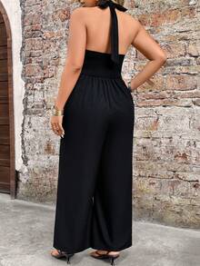 EMERY ROSE Plus Size Women's Black Summer Jumpsuit,V-Neck Button Sleeveless Halter One Piece,High Waist Wide Leg Pants,Elegant Holiday Vacation Rompers Set - Black - View 3