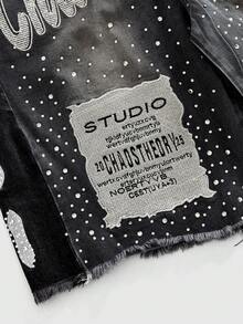 ROMWE MEN Quần short denim nam casual thời trang đường phố, thích hợp mặc hàng ngày, thêu chữ và đính đá, kiểu dáng wash, mùa hè. - màu đen - Xem 5