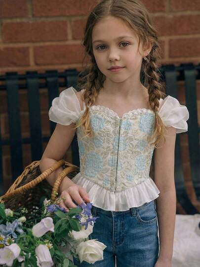 Emery Rose Kids Top elegante con estructura de corsé, volantes y hombros descubiertos, de tela jacquard para niña, para primavera/verano