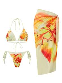 Swim Oasis 3件套女士夏季沙滩度假休闲套装，印花泳衣，丁字裤，网纱系带沙滩裙，波西米亚风 - 彩色 - 查看 1