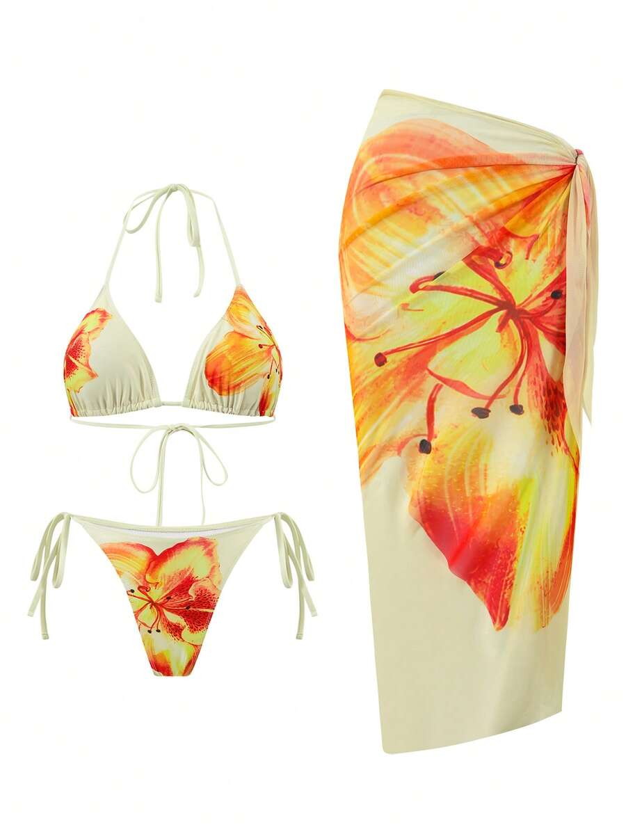 Swim Oasis 3件套女士夏季沙滩度假休闲套装，印花泳衣，丁字裤，网纱系带沙滩裙，波西米亚风 - 彩色 - 查看 1