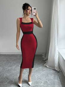 Rafferiza Petite Đầm bó sát màu tương phản thanh lịch dành cho nữ khi đi làm - Đỏ - Xem 3