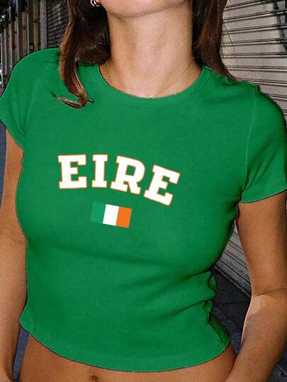 EMERY ROSE Plus Size Women's EIRE Flag Green Cropped T-Shirt Graphic Tees Women Tops