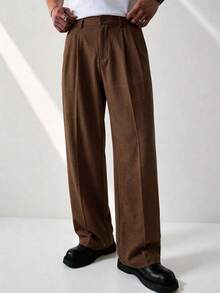 RONVEXI 男士休闲褶裥斜插口袋裤 男士阔腿裤 男士褶裥西装裤 棕色宽松裤 棕色超大裤 棕色正装裤 棕色阔腿正装裤 - 棕色 - 查看 1