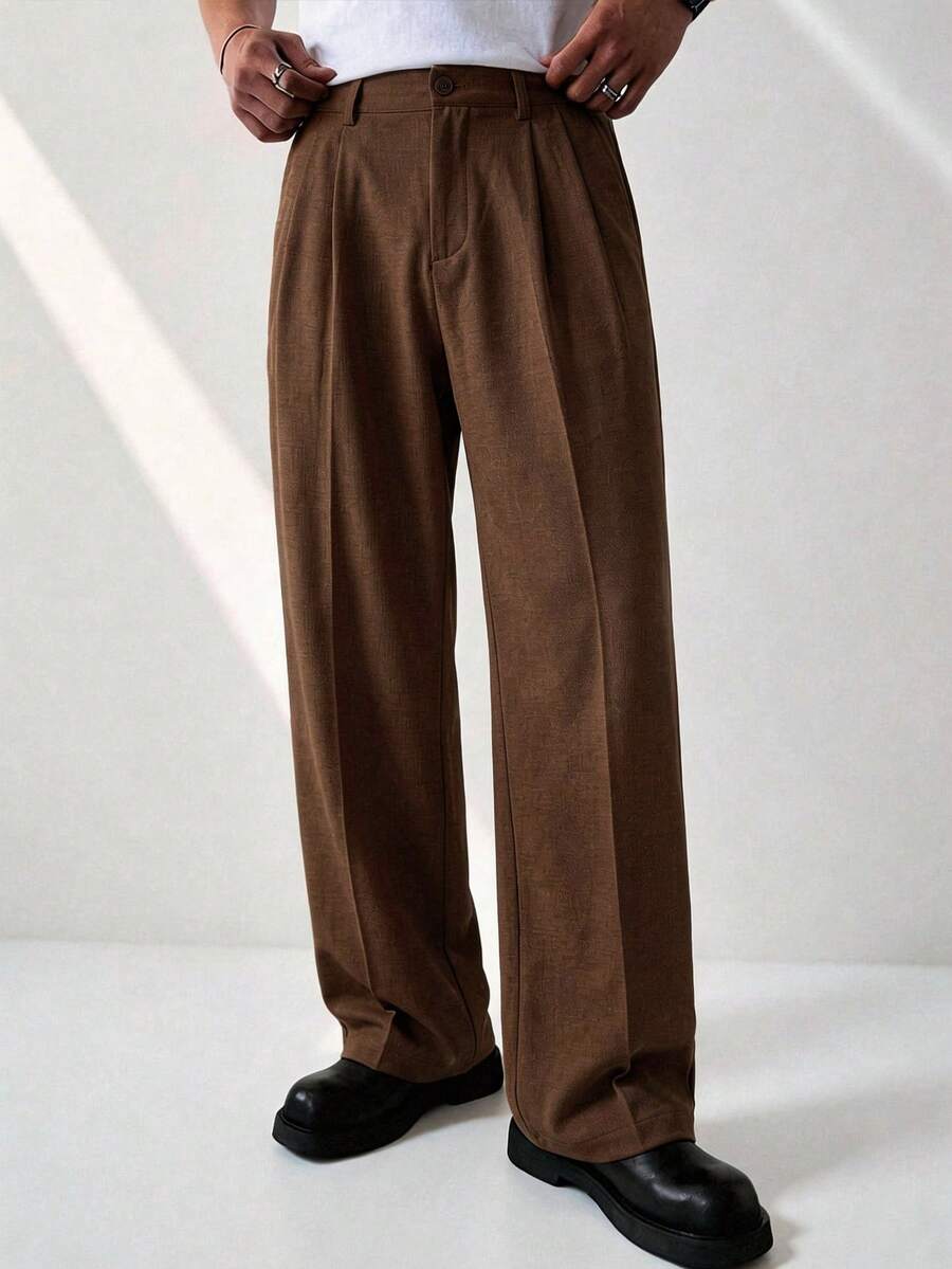 RONVEXI 男士休闲褶裥斜插口袋裤 男士阔腿裤 男士褶裥西装裤 棕色宽松裤 棕色超大裤 棕色正装裤 棕色阔腿正装裤 - 棕色 - 查看 1