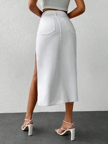 EURMUSE Letter Patched Asymmetrical Denim Skirt - White - View 2