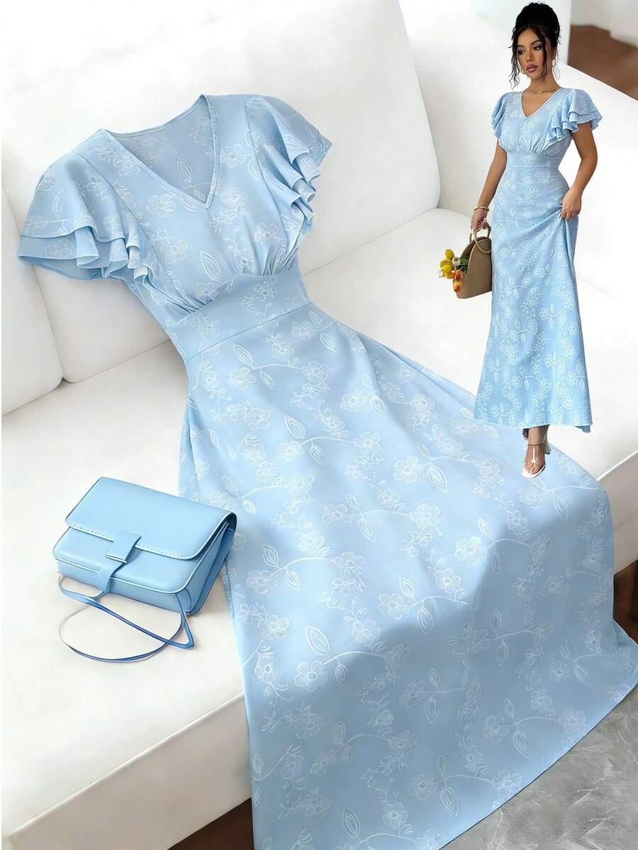 SHEIN Elenzya 女士时尚优雅V领荷叶袖收腰连衣裙 - 藍色 - 查看 1