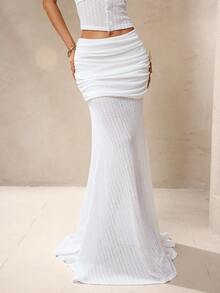 Modelyn French Vacation Style White Lace Low-Waist Fitted Mermaid Skirt,Women's Elegant Sheer Maxi Skirts,Classy Autumn Holiday Beach Bikini Cover Up - White - View 3
