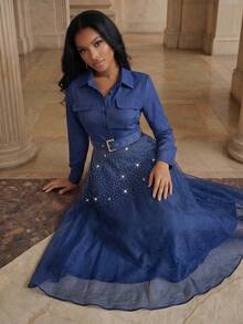 Anewsta 现代女士牛仔衬衫拼接水钻网纱开衩长裙 - 藍色 - 查看 1