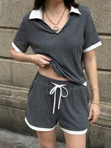 MainGRL Set 2 piese casual pentru femei, cu guler polo alb, gri, scurt, tricou și pantaloni scurți, primăvară/vară - Gri - Vizualizare 3