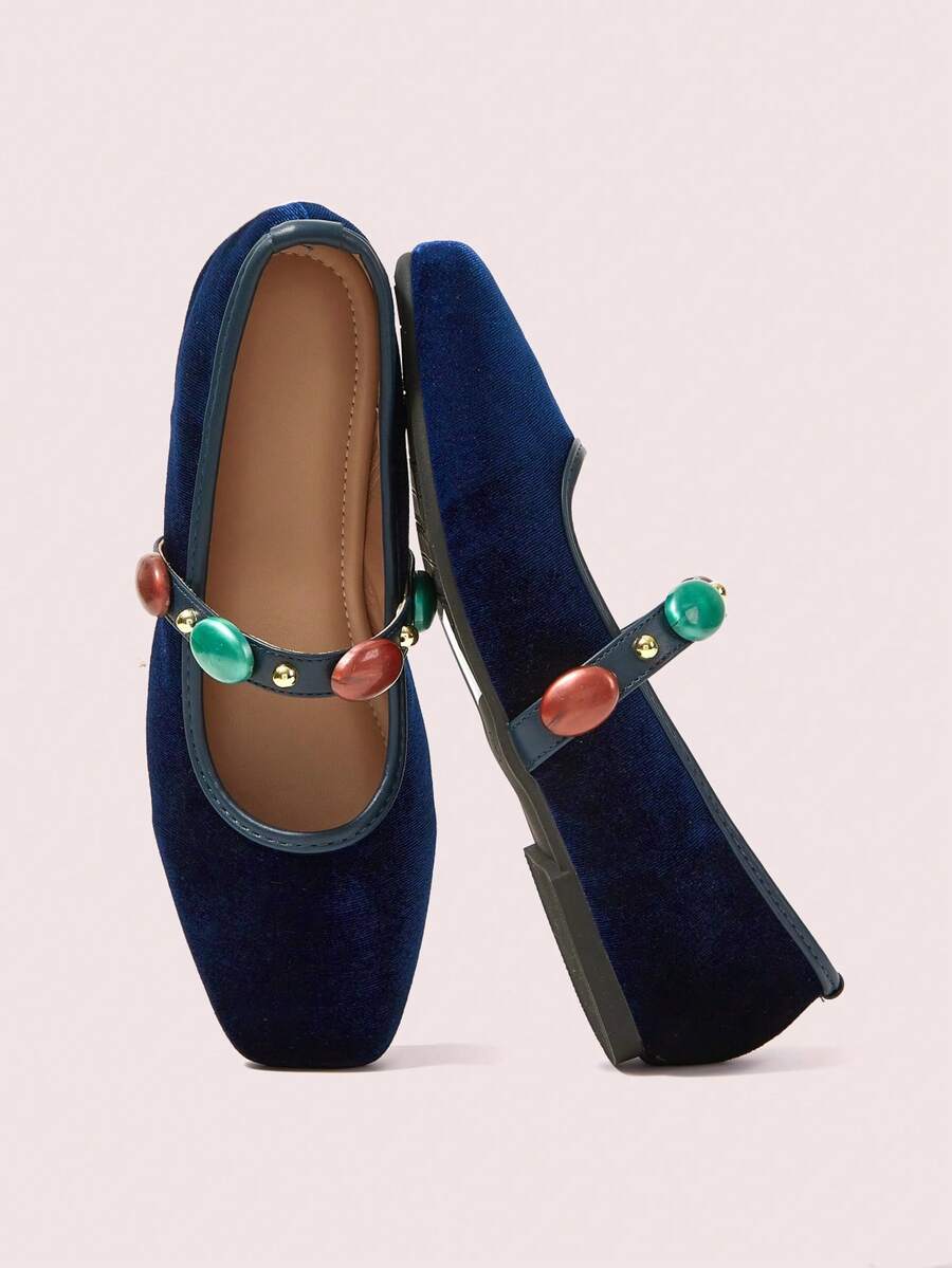 CUCCOO DOLLMOD Giày Mary Jane mũi vuông bằng nhung màu xanh hải quân, trang trí phụ kiện nhiều màu sắc. - Màu xanh lam - Xem 1
